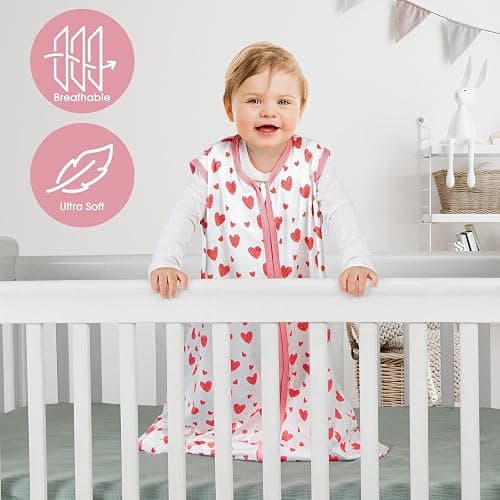 BSTOPPT 3 Pack Baby Sleep Sack 6-12 Months 100% Rayon Cotton Baby Sleeping Bag 2-Way Zipper Toddler Wearable Blankets TOG 0.3 （Heart&Pink&Floral） - Heart&pink&floral - Medium thumbnail 4