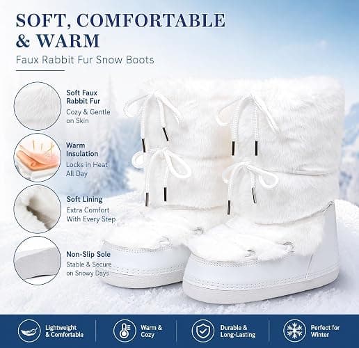 Faux Fur Boots for Women Fuzzy Fluffy Furry Water Resistant Snow Boots | Anti-Slip,Fur Lined, Warm Comfy Cozy,Rubber Sole,Black,White,Pink,Beige,Lace-up,Winter Snowy,Outdoor Adventure,Skiing thumbnail 5