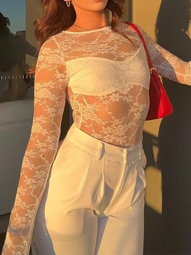 OFEEFAN Womens Mesh Tops Lace Long Sleeve Shirts Crewneck Slim Fitted Outfits See Through Blouses thumbnail 3