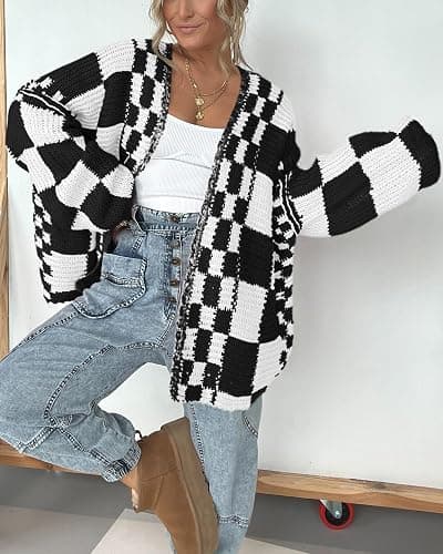 BTFBM Casual Cardigan Sweater for Women Fall 2025 Long Sleeve Open Front Chunky Knit Sweaters Checkered Outwear Coat thumbnail 5