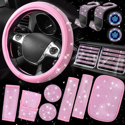 CAR PASS Bling Pink Car Accessories Set for Women, Sparkly Rhinestone Diamond Steering Wheel Cover Seat Belt Cushion Glitter Shift Knob Cover Car Cup Holder Coaster Cute Interior Sets, Pink 22 PCS - Image 1