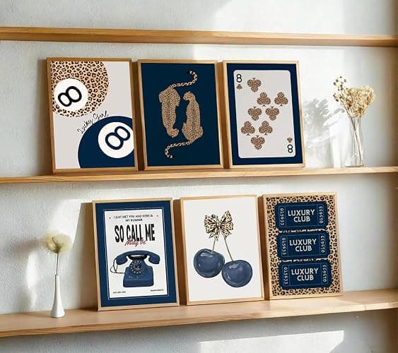 6Pcs Navy Blue Trendy Leopard Canvas Wall Art Fashion Lucky 8 Ball Painting pictures Preppy Y2K Aesthetics Wall Decor Trend Cheetah Prints Artwork for College Dorm Home Decoration 8x10in Unframed thumbnail 6