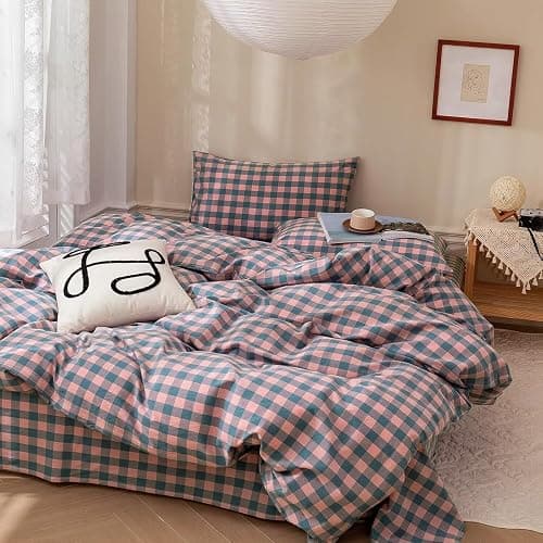 mixinni Plaid Comforter Set Twin XL - 3 Piece Soft Geometric Checkered Comforter with 2 Pillow Shams, Modern Gingham Pattern Bedding Set for All Season, Breathable & Soft Cozy (Pink, Purple, Blue) - Image 1