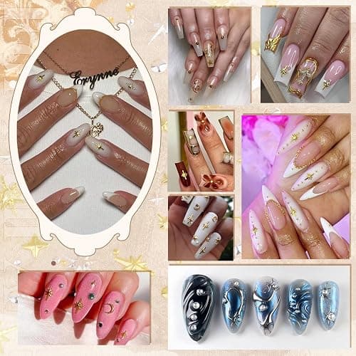 660Pcs 3D Star Nail Charms, Gold & Silver Multi-Shapes Metallic Nail Art Gems,Bedazzling Small Nail Beads Craft Jewels Y2K Cross Nail Rhinestones Accessories Decor with Tweezers and Pick-up Pencil thumbnail 7