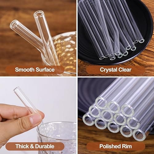 Antner 12 Pack Reusable Glass Straw, 8.5" x 10MM Bent Clear Glass Drinking Straws for Hot & Cold Drinks, 2 Cleaning Brushes Included thumbnail 4