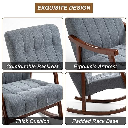 AVAWING Upholstered Rocking Chair with Fabric Padded Seat, Comfortable Rocker Solid Wood for Living Room, Modern High Back Armchair for Adult, Dark Grey thumbnail 5