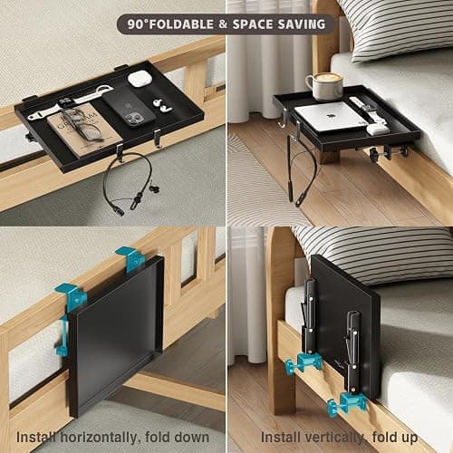 Magheo Bedside Shelf Foldable, Metal Clip-On Bunk Bed Table Shelf for Top Bunk Heavy Duty Bed Side Table Tray for College Dorm Room Essentials, Loft Nightstand Organizer Tray with 1 Cord Hole(Black) thumbnail 4