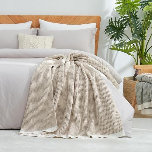 Amélie Home Waffle Throw Blanket for Couch, Soft Cozy Chenille Knit Blanket Warm Decorative Throw for Sofa, 50"x60", Beige thumbnail 7