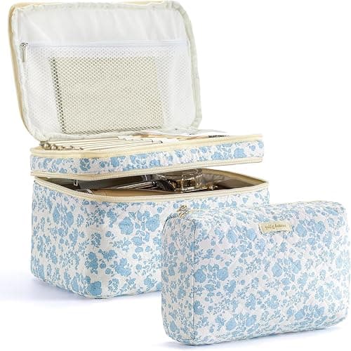 HBselect 2Pcs Travel Makeup Bag, Large Cotton Quilted Makeup Bag Cosmetic Bag Cute Make up Bag Toiletry Bags for Women Girls - Image 1