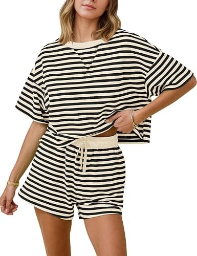 MISSACTIVER Womens Lounge 2 Piece Sets Summer Striped Matching Pajamas Set Short Sleeve Oversized T Shirts Drawstring Shorts - Image 1