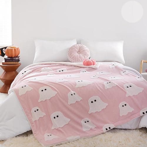 Smoofy Halloween Throw Blanket, Pink Ghost Fleece Halloween Blanket 50"x60" | Cute Pink Halloween Room Decor, Fluffy 3D Spooky Halloween Blanket for Sofa & Bed thumbnail 6