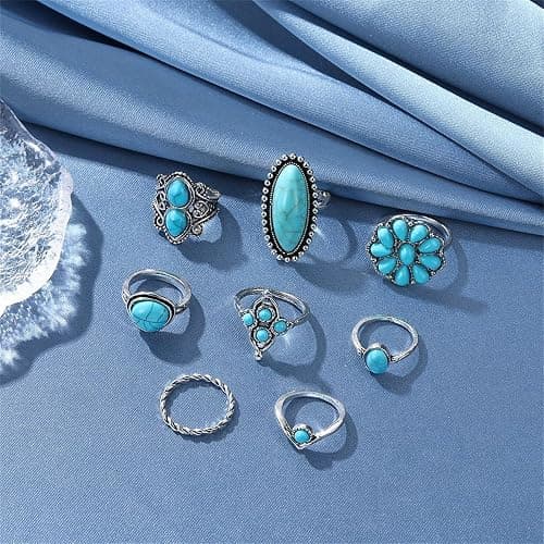 Bohemian Turquoise Ring Set for Women,Vintage Western Rings Chunky Turquoise Opal Stackable Knuckle Ring Set Punk Midi Finger Ring Pack Boho thumbnail 3
