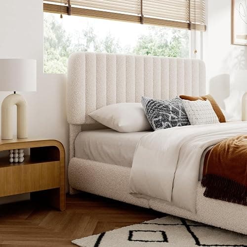 viplov Queen Size Boucle Bed Frame, Adjustable Headboard, Beige | Fluffy Boucle Upholstered Platform Bed Frame, Cloud Adjustable Headboard, Rounded Corners. Squeak‑free, Fast assembly thumbnail 7