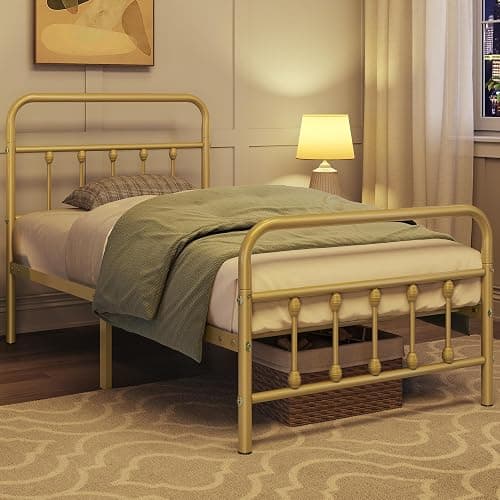Yaheetech 2Pcs Twin Size Metal Platform Bed Frame with Victorian Style Iron-Art Headboard/Footboard/Under Bed Storage/No Box Spring Needed Antique Gold - Twin - Antique Gold thumbnail 4