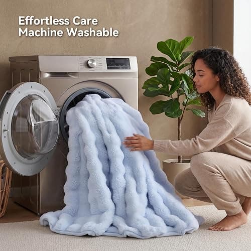 Smoofy Faux Fur Throw Blanket for Couch - Light Blue Super Soft Cozy Bubble Blanket, Fluffy Plush Fuzzy Throw for Sofa & Bed, Thick Lightweight Warm Blanket, Luxury Aesthetic Gift for Women 60"x80" thumbnail 7