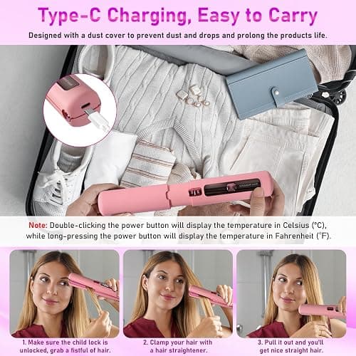 Cordless Hair Straightener, 2 in 1 Ceramic Flat Iron and Curler with Hairpin, 6 Levels of Temperature Adjustment, 4500mAh Battery, Type-C Charging, Portable Hair Straightener for Travel (Pink) thumbnail 7