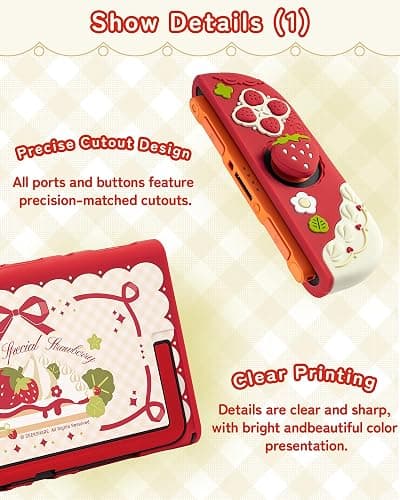 GeekShare Strawberries with Cream Case Compatible with Switch 2, Slim Separable Soft Silicone Protective Shell with 2 Thumb Grip Caps -- Red thumbnail 3