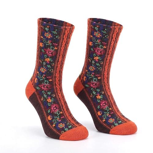 jecvxor 5 Pairs Women's Floral Design Vintage Crew Socks Ethnic Jacquard Knit Set, Red, Grey, Blue, White, Black thumbnail 4