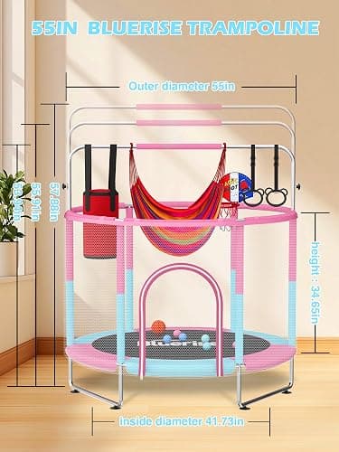 BLUERISE 55IN 6FT Toddler Trampoline for Kids Indoor Outdoor Play for Kids Trampoline Basketball Hoop Attachment with Enclosure Net Easy to Assemble thumbnail 6
