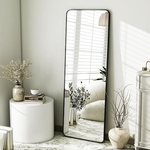 HARRITPURE 56" x 21“ Full Length Mirror - Rounded Corner Floor Mirror with Stand, Black Aluminum Frame Full Body Mirror, Hanging/Leaning/Standing Mirror for Bedroom, Cloakroom thumbnail 2