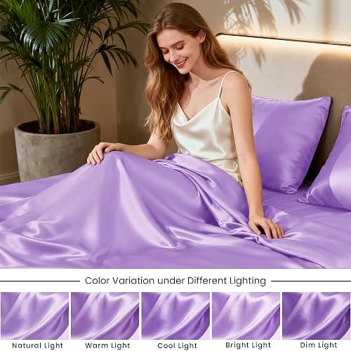 Love's cabin Satin Queen Sheets Set - 4 Piece Lavender Silky Bed Sheets with Deep Pocket, Luxury Silk Feel Satin Queen Size Sheet Set (1 Flat Sheet,1 Fitted Sheet,2 Pillow Cases) thumbnail 7