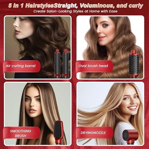 5 in 1 Air Styler Set & Hair Dryer Brush, Low-Speed Negative Ionic Hair Styler Drying, Multi Hair Styler, Professional Blow Dryer Brush for Curling Volumizing Straightening Styling (Red+Black) thumbnail 6