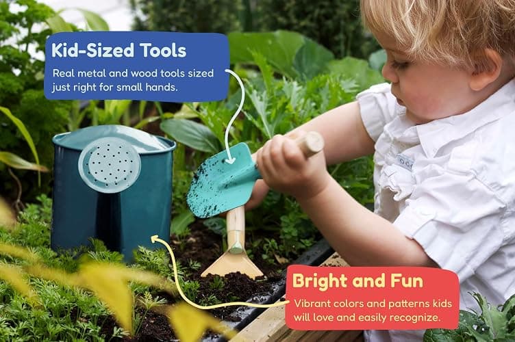 Kinderific Gardening Set, Tool Kit, for Kids, STEM, Includes Tote Bag, Spade, Watering Can, Rake, Fork, Trowel and Gloves (Ocean Blue) thumbnail 6