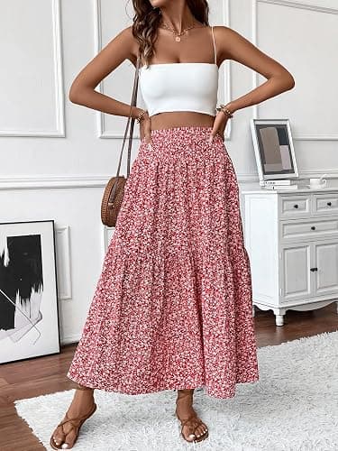 TuoGo Women's Smocked High Waist Maxi Skirt Casual Boho Long Skirts with Pockets thumbnail 6