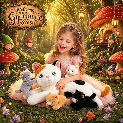 gnomantic Cat Stuffed Animals with Babies Inside, Mommy Toy for Kids | 5-Piece set: 1 mommy cat + 4 baby kittens inside. Unzip belly to reveal surprise babies. Ultra-soft, ages 3-8. thumbnail 2