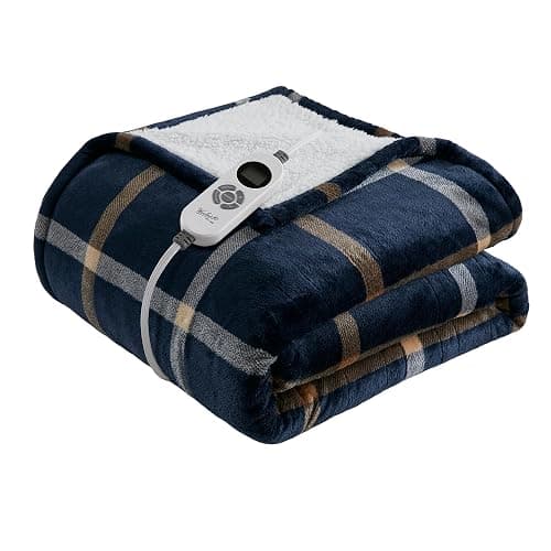Woolrich Plush Sherpa Electric Blanket 50x60 Plaid Navy Cozy Layer | Adjustable heat settings, Auto shutoff for overnight use, Warm reverse side, Machine washable easy care, OEKO-TEX certified - Image 1