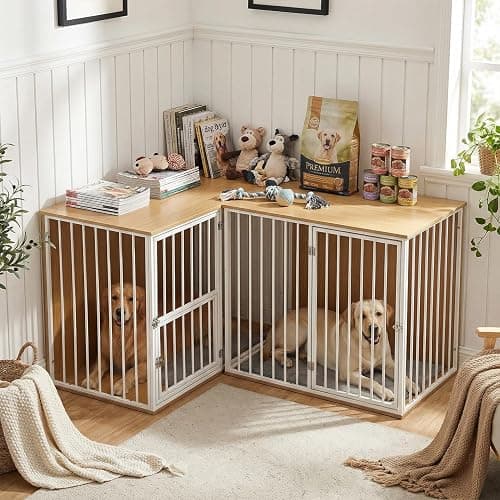 Large Double Dog Crate Furniture - TV Stand & Indoor Kennel with Adjustable Divider, Heavy Duty Wooden Pet House for 2 Large Breed Dogs, Removable Doors, with Rotating Feeder (White) - Image 1