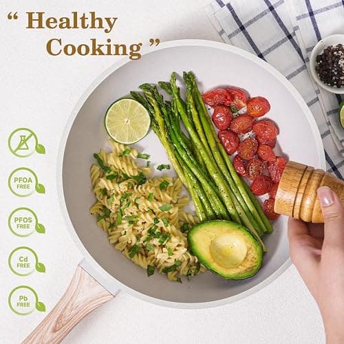 SODAY 12 Pcs Pots and Pans Set Non Stick, Cookware Sets White Granite Induction Cookware, Non-toxic Healthy Nonstick Kitchen Cooking Set with Frying Pan Set, Saucepans (PFAS/PFOA/PFOS Free) thumbnail 5