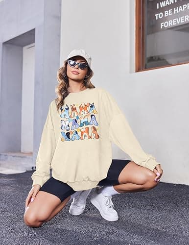 MOUSYA Oversized Mama Sweatshirt Woman Mama Letter Print Pullover Tops Trendy shirt Casual Crewneck Loose Sweatshirts thumbnail 5