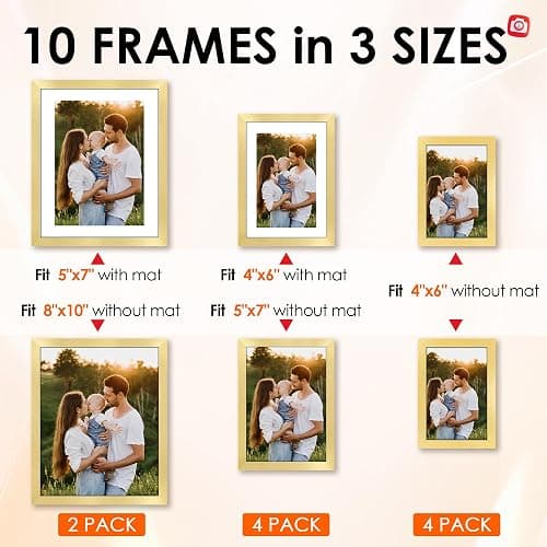 FIXSMITH 10 Pack Picture Frames Collage Wall Decor for Mounting or Tabletop Display, Gallery Wall Frame Set with Two 8x10 Gold Frames, Four 5x7 and Four 4x6 Frames, Multi-Pack Photo Frame Set thumbnail 3
