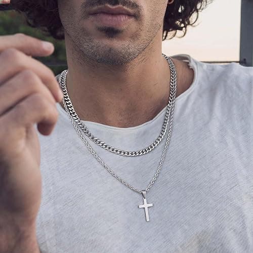 Ursteel Layered Cross Necklaces for Men - 18K Gold Plated Cross Necklaces Chain for Men Boys Gifts, Silver Rope Chain Layered Necklace Jewelry 16 18 20 22 24 Inch, First Communion Gifts for Boys thumbnail 2