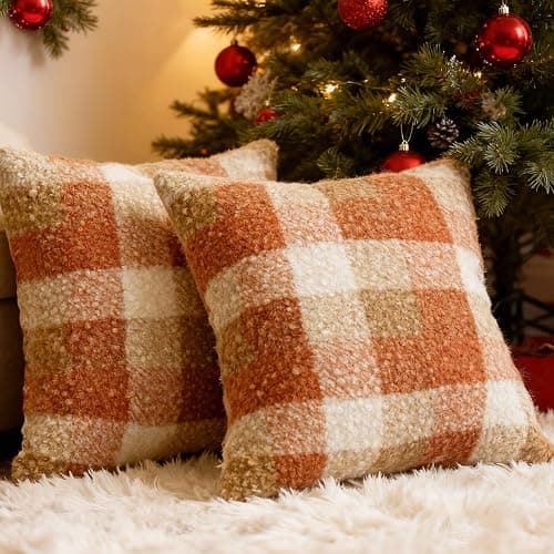 OSVINO Orange Plaid Christmas Fall Throw Pillow Covers Set of 2, 18x18 Inch Checkerboard Square Pillowcases, Cozy Fluffy Decorative Covers for Sofa Couch Living Room Bed - Image 1