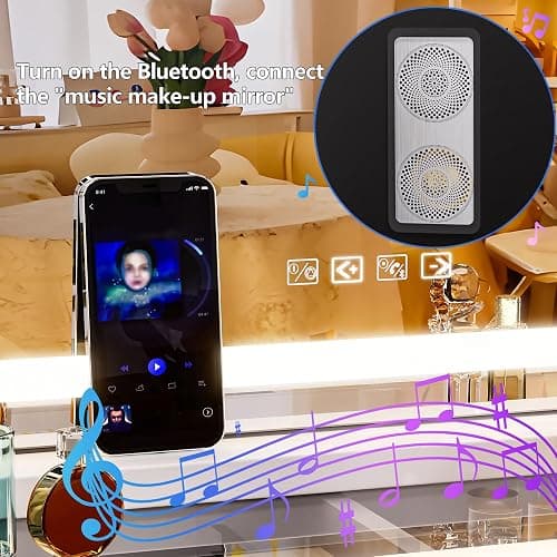 Hasipu Vanity Mirror with Lights and Bluetooth Speaker, 32" x 21.7" LED Makeup Mirror, Lighted Makeup Mirror with Dimmable 3 Modes, USB Charging Port, Round White thumbnail 3