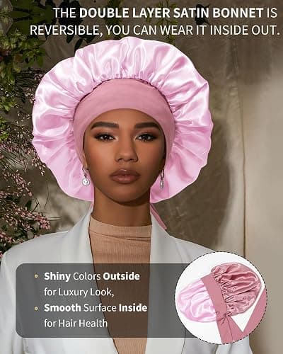 Satin Bonnet for Women Silk Bonnets for Sleeping Curly Hair Bonnet with Elastic Tie Band Reversible Double Layer Sleep Cap Hair Wrap (Bean Paste + Pink) thumbnail 2