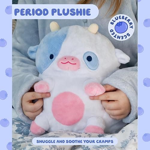 Heatable Scented Cow Plush for Period Cramp Relief & Emotional Support, Microwavable Soft Toy Plushies, Coolable Stuffed Animal for Anxiety, Cute Heating Pad for Pain Relief (Blueberry) thumbnail 4