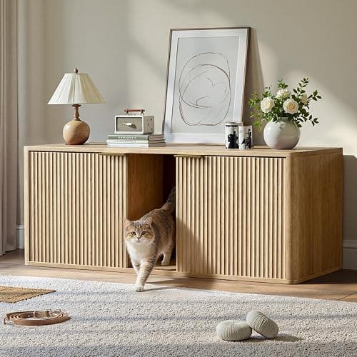 Evermagin 48.8" Double Litter Box Enclosure Furniture for 2 Cats, Large Hidden Oak Litter Box Cabinet with Front Entry, Mid Century Modern Fluted Kitty End Table, Includes Scratching pad - Image 1