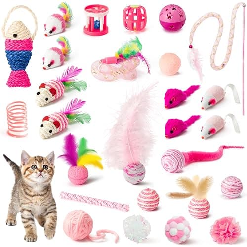 MALLMALL6 Cat Interactive Toys Set - 27Pcs Kitten Toys Stuff Pink Feather Teaser Wand Springs Mice Sisal Fish Crinkle Balls Bell Balls, Puzzle Gift Pack for Indoor Kitty Play Exercise - Image 1