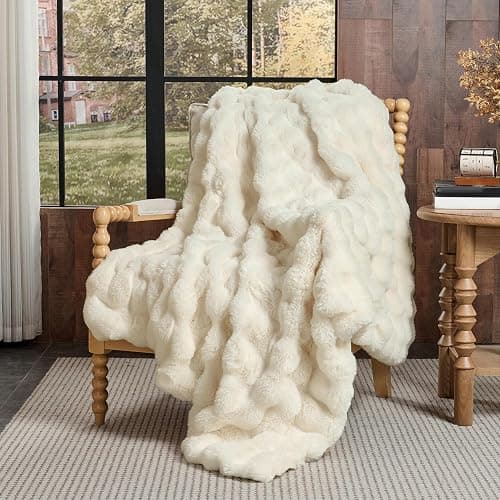 Lotus Karen Faux Fur Throw Blanket Cream White - Big Bubble Rabbit Fluff Blanket for Couch, Small Fluffy Fuzzy Cozy Blanket, Thick Furry Plush Shaggy Blankets, 50x60 Inches thumbnail 3