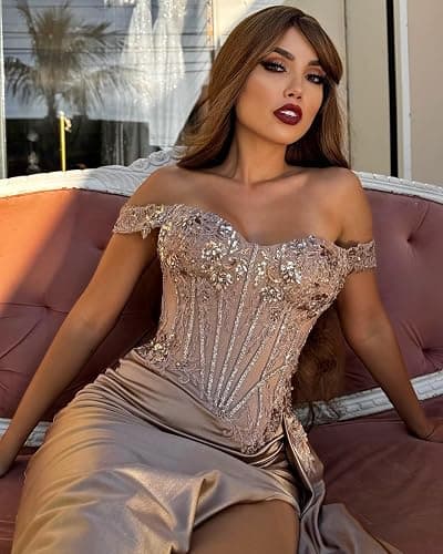 Women's Off The Shoulder Satin Bridesmaid Dresses Long Slit Mermaid Prom Dress Lace Applique Corset Party Gowns thumbnail 5