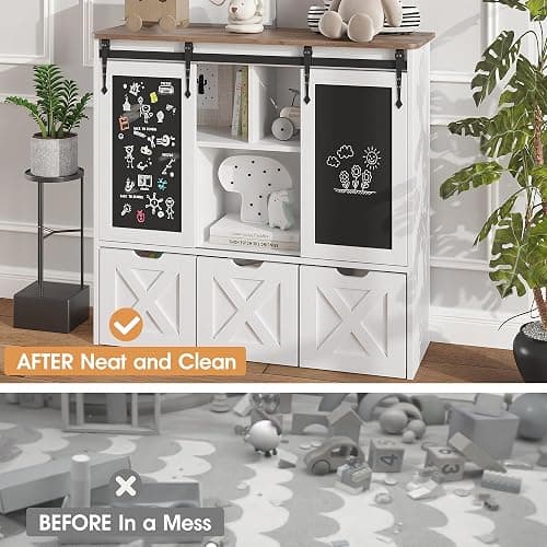 Vabches Toy Storage Organizer with Sliding Chalkboard, Kids Bookshelf and Bookcase with 3 Movable Drawers & 5 Storage Cubbies, Multifunctional Storage Cabinet Toy Chest for Playroom,Nursery, Kids Room thumbnail 6