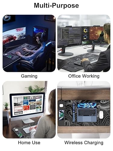 TopMade Mouse Pad with 15W Fast Wireless Charging, 31.5"x15.75" XXL Large Gaming Waterproof Desk Pad with Ultra-Smooth Surface, Non-Slip Base, Computer Desk Mat, Black Topographic Map #2 thumbnail 8