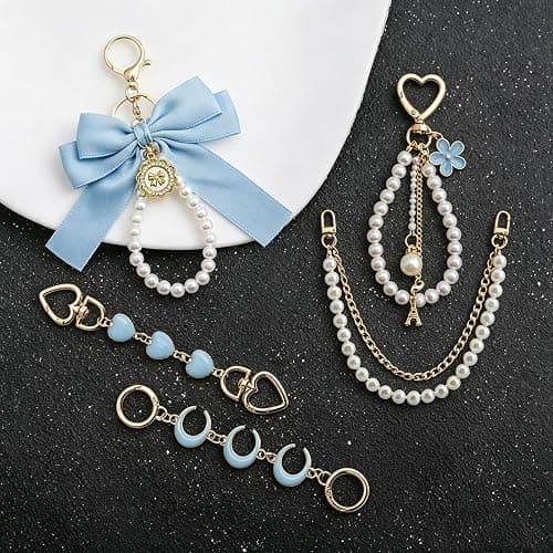 VentuSilvum 5 Pcs Pearl Bag Chain Extender Set, Gold Purse Strap with Ribbon Bow Keychain, Cute Charm Accessories for Handbag thumbnail 8