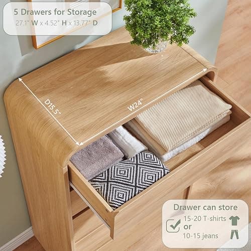 Aitjunz Modern 5 Drawers Dresser for Bedroom, 45" Tall Dresser, Natural Oak | Wooden Dressers & Chests of Drawers w/Curved Profile Design, Mid Century Vertical Dresser with Handleless Design for Bedroom thumbnail 4