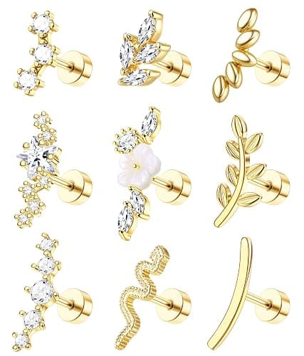 ZELORES 9Pcs Flat Back Cartilage Earrings for Women Trendy 16G Tragus Conch Helix Piercing Jewelry Stainless Steel Snake Star CZ Flat Back Stud Earrings Set - Image 1