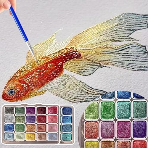 nnOuOnn Metallic Watercolour Paints Set(2pcs), 40 Color Mini Travel Glitter Gouache Water Colour Painting, Colouring Brushes Cards Art Forestey Pearlescent Solid Kids Adults Beginners Artists thumbnail 6