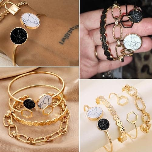 17IF 18-25 PCS(6 Pack) Boho Gold Bracelets Set for Women Stackable Chunky Dainty Bangles Adjustable Chain Flat Cuff Cuban Punk Charm Bundle Jewelry thumbnail 2